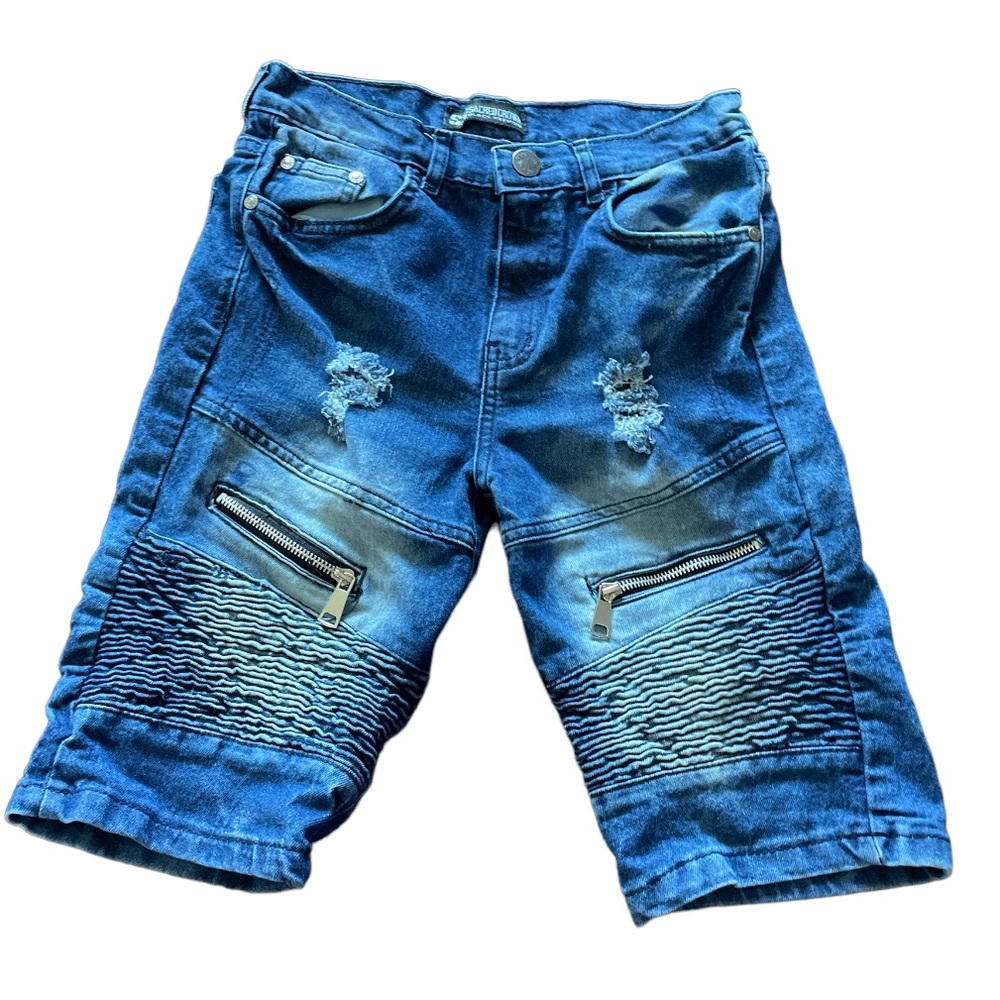 Kid size 14 sacred Crown black premium distressed blue jeans shorts